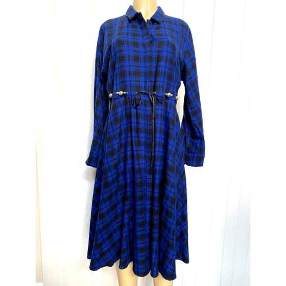 Maje Dress Rebel Belted Check Flannel Midi Blue Black Long Sleeve Button… - Picture 4 of 12